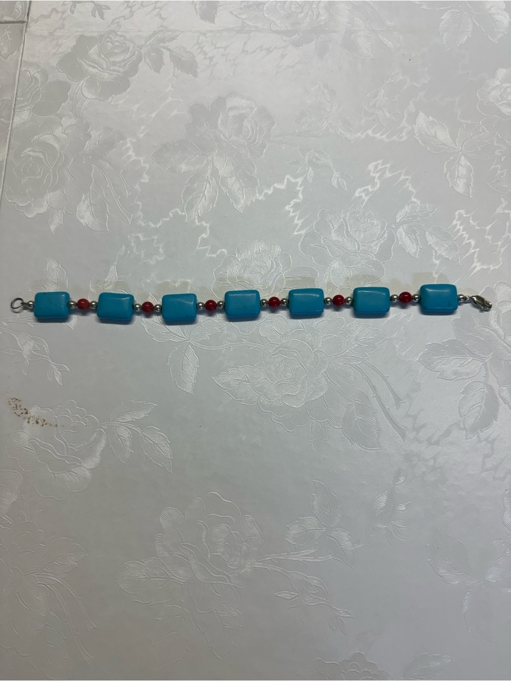 Turquoise and Coral Silver  Beaded Bracelet